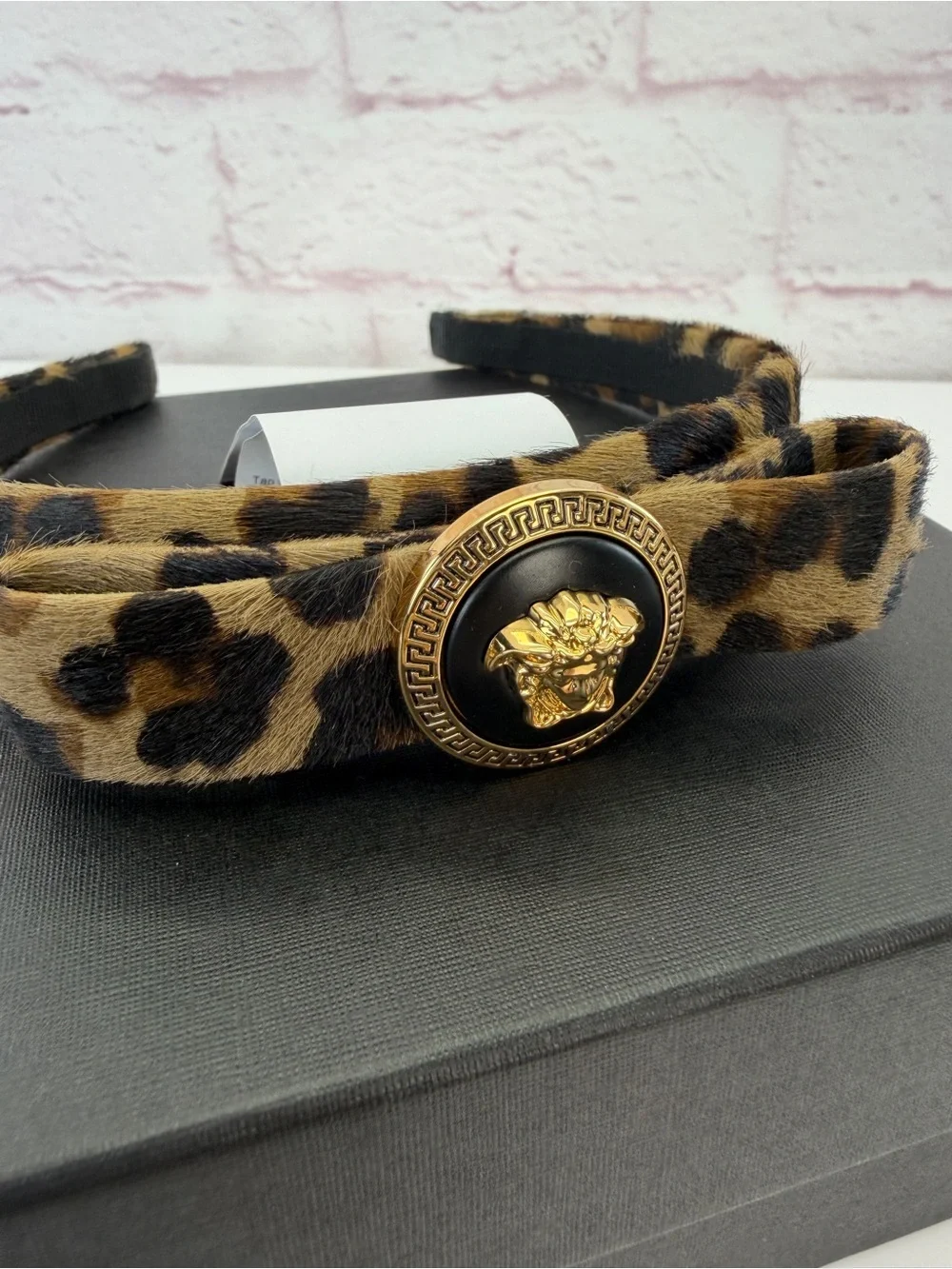 Versace Leopard Print Ponyhair Medusa Headband with Gold Medallion